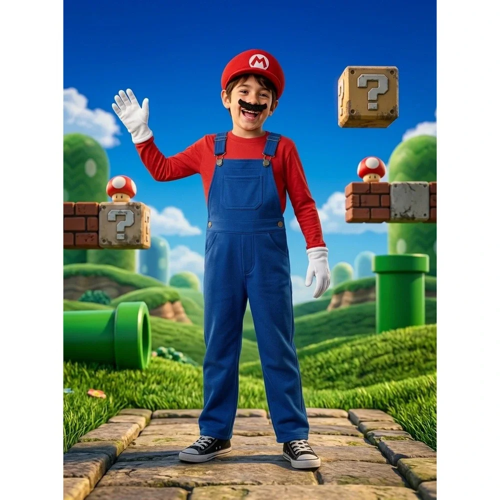 Super Mario Deluxe Child Costume Disguise Large 10-12 Red Blue Jumpsuit Hat Set